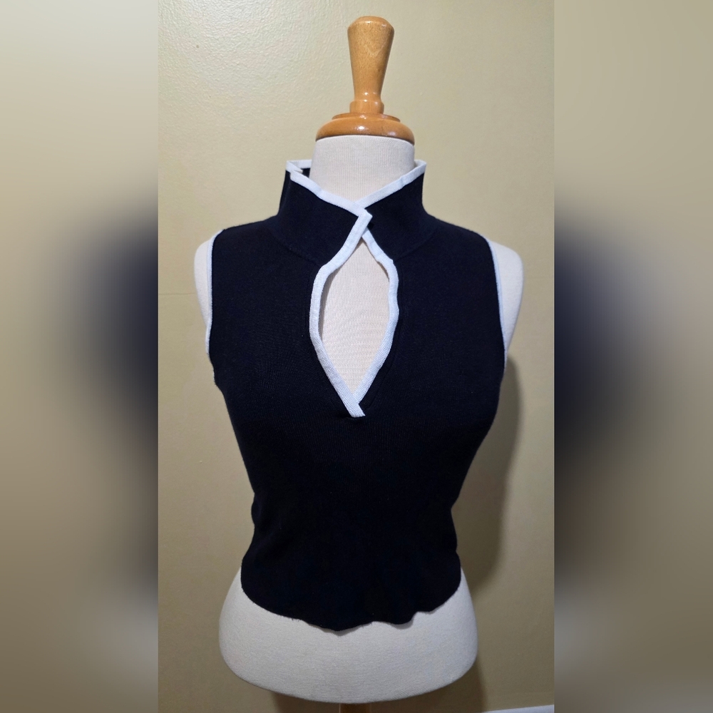 Navy Blue Sleeveless Top with White Trim
